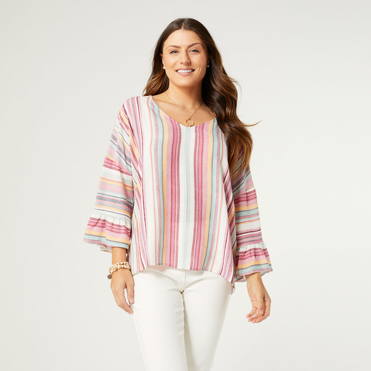 Millicent V-Neck Ruffle Sleeve Top - Pink/Mint Stripe – COCO