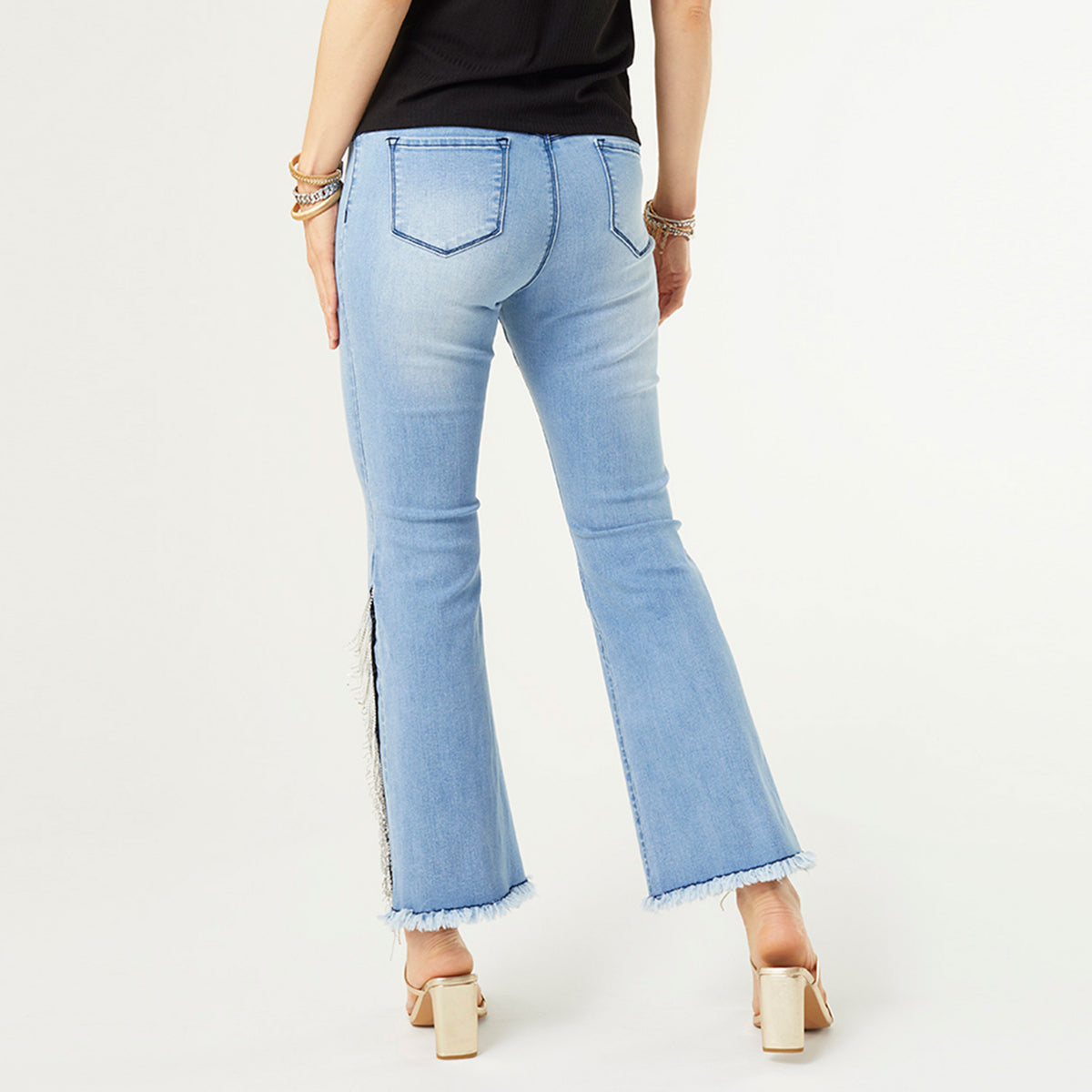 Scattered Rhinestone Mini Flare Jeans - Mid Blue