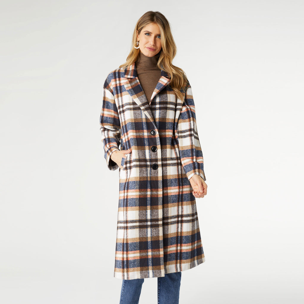 Hope Oversized Plaid Trench Coat - Winter White/Navy