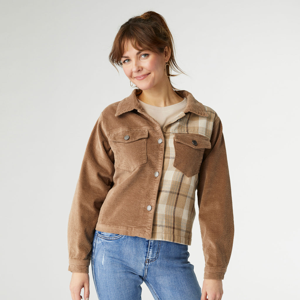 Roark Corduroy Button Front Jacket - Latte Plaid