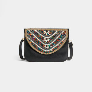 Artisan Beaded Split Pocket Crossbody - Black/White Flower