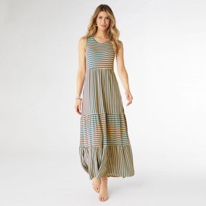 Janie Striped Tiered Maxi Dress - Teal/Coral