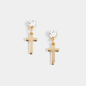 Clear Stone Cross Dangle Earrings - Gold - Gold