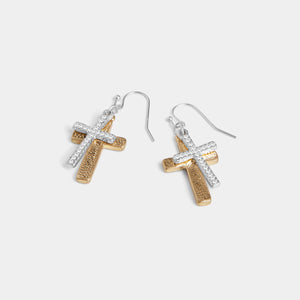 Whispers Double Bling Cross Dangle Earrings - Mixed Metal